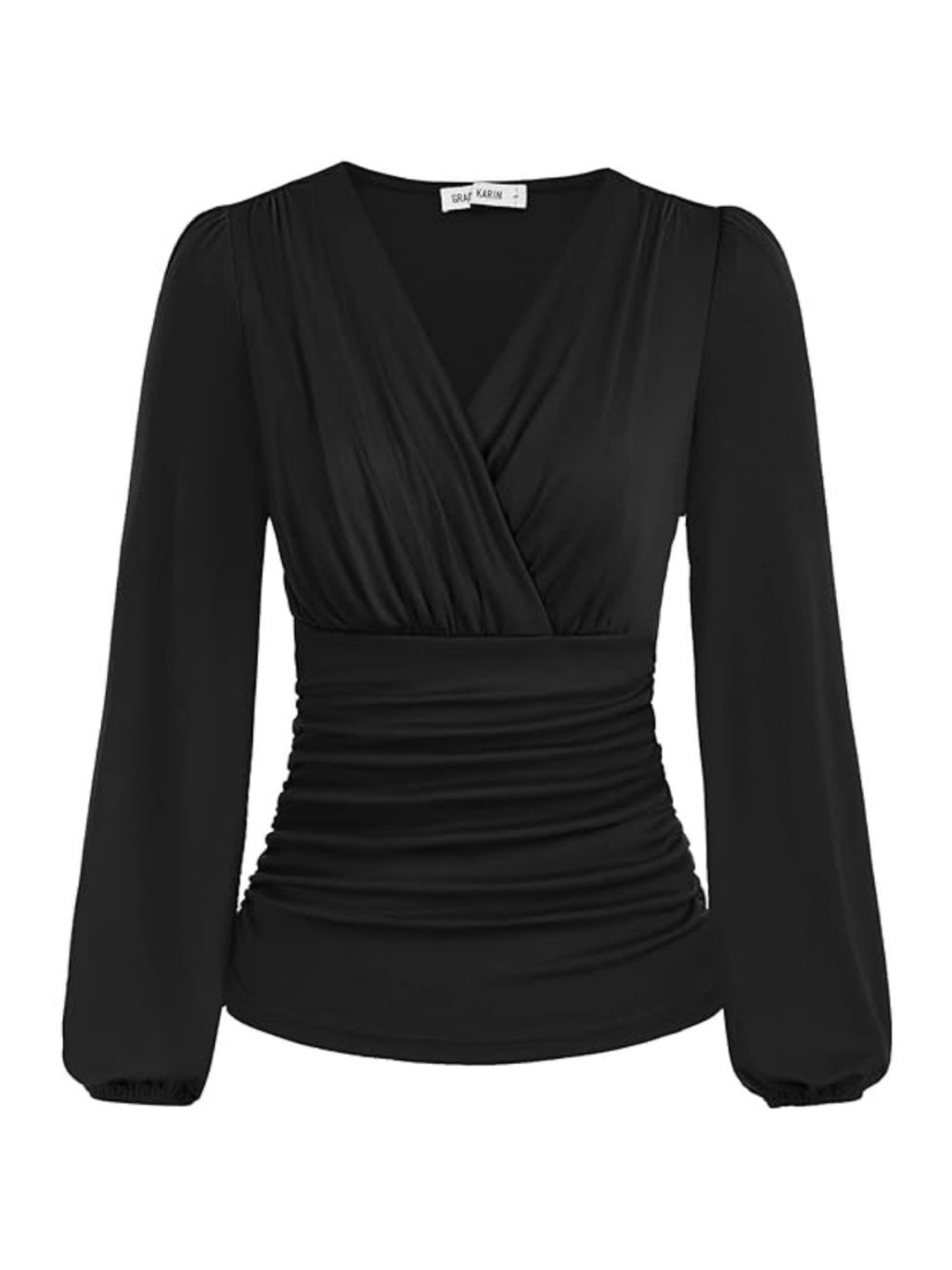 Nwt Grace Karin Black Faux Wrap Blouse V Neck Long Sleeve Ruched Shirt Small S